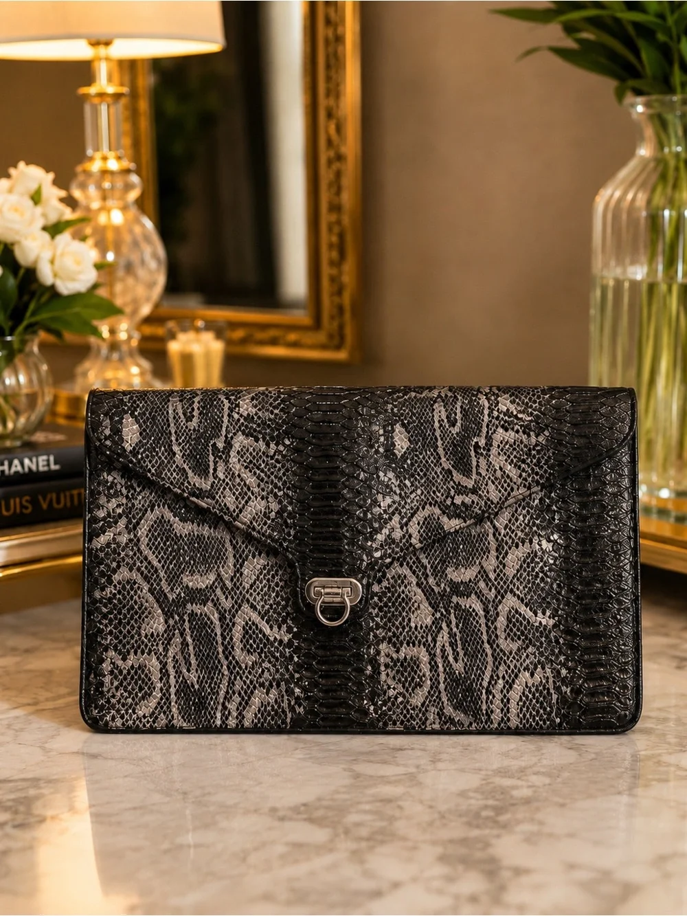 Designer-Inspired Black Snake-Embossed Leather Clutch